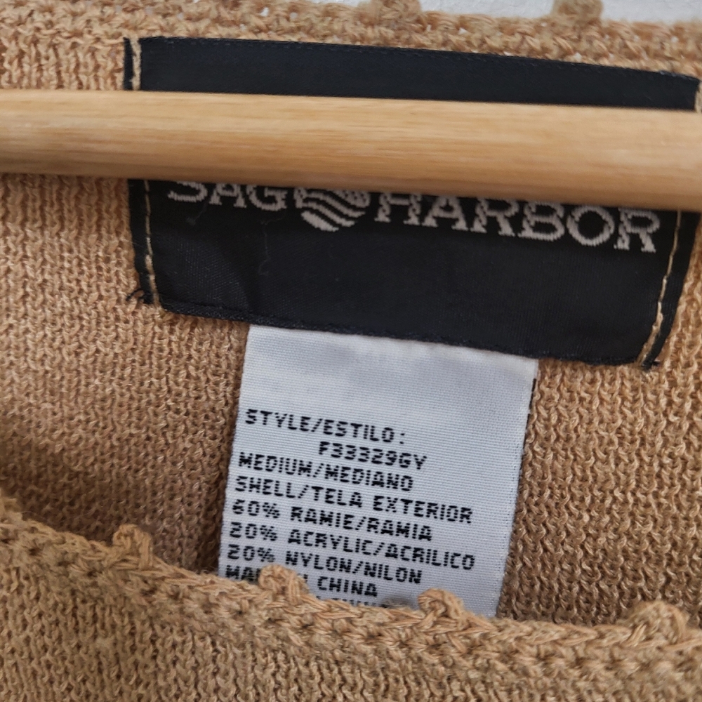 🌿Sag Harbor Women's Medium Tan Knit Crochet Tie Waist Sweater - Picture 6 of 11